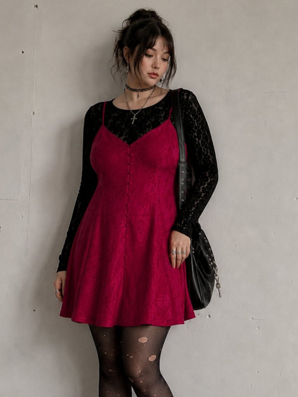 Vintage Adonna Fuchsia Pink Floral Jacquard Satin Chemise Slip XL EUC